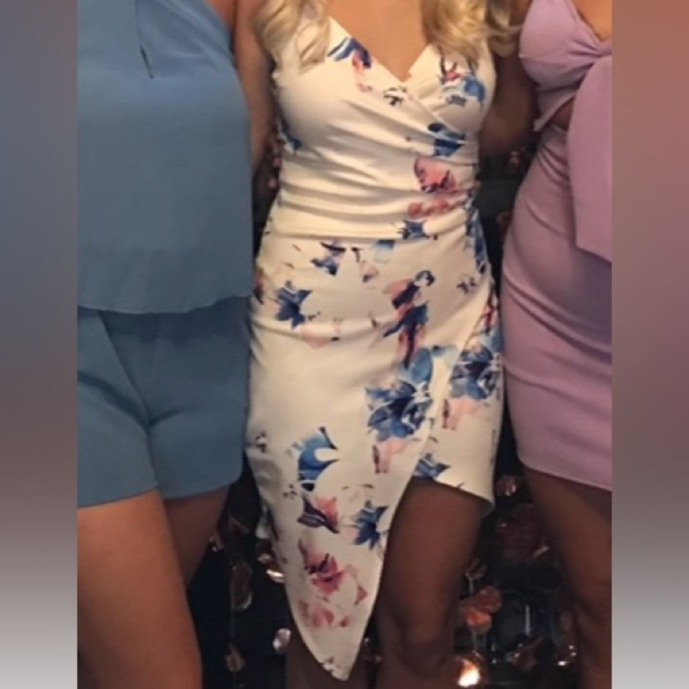Blue Blush White Dress with Blue and Pink Floral Design